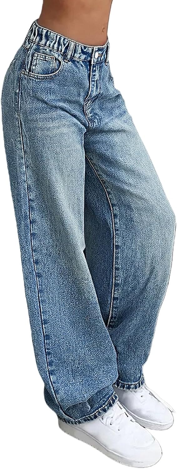 Girls Baggy Jeans Teen Wide Leg High Waist Trendy Y2k Stretchy Denim Pants Casual Basic Long Trousers with Pockets