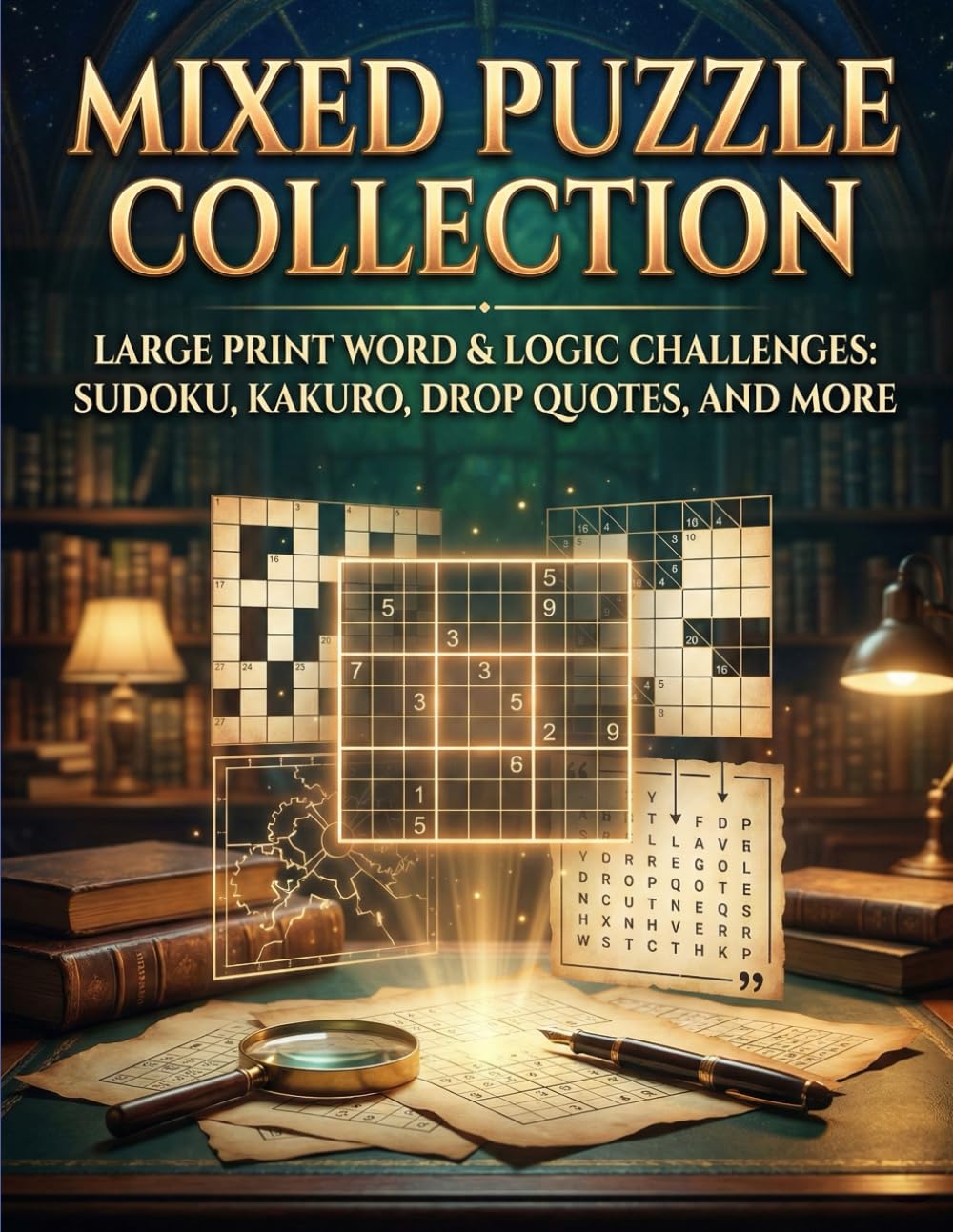 Mixed Puzzle Collection: Large Print Word & Logic Challenges: Sudoku, Kakuro, Drop Quotes, and More