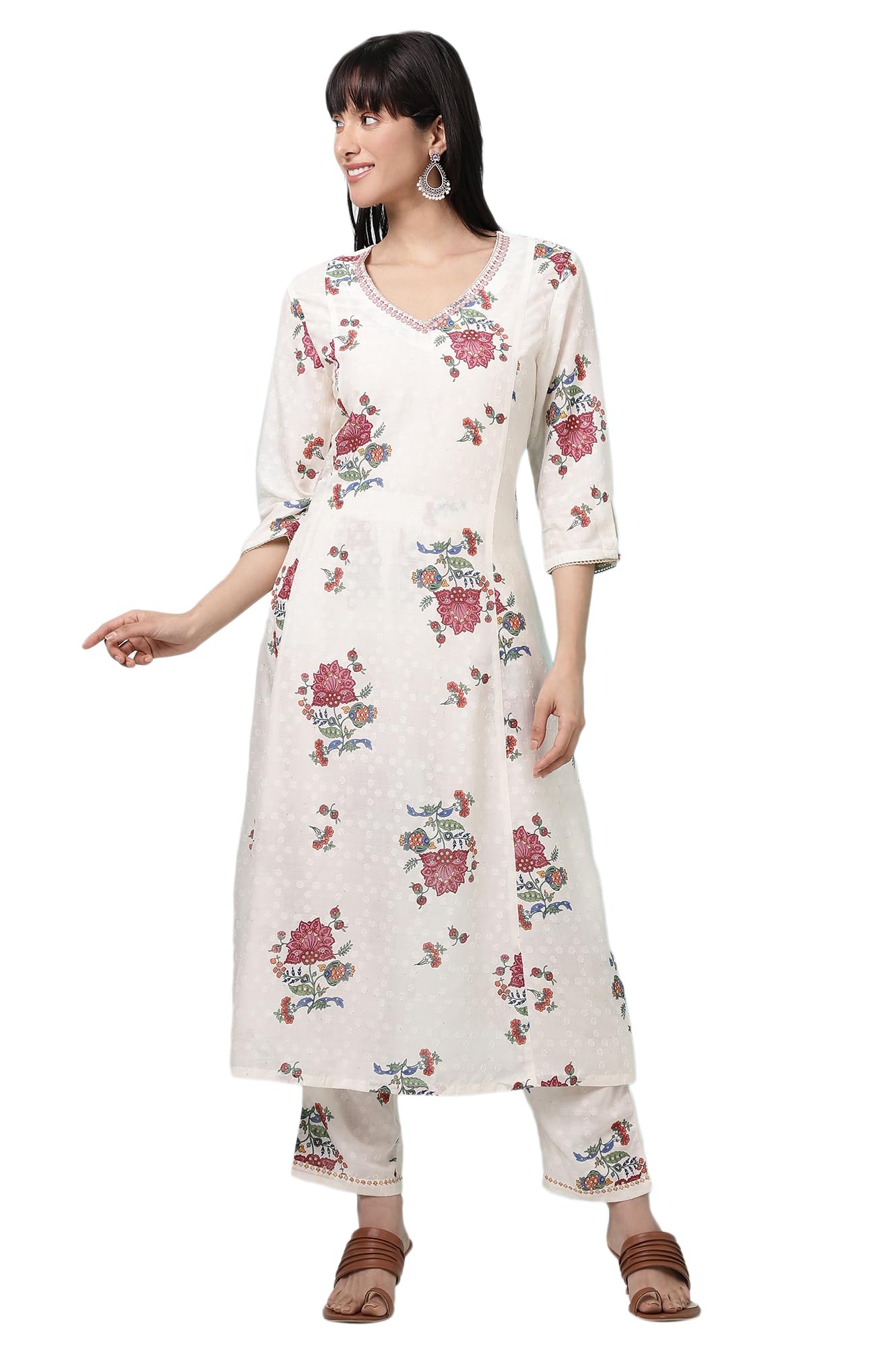 w for woman White Floral Printed Textured Dobby A-line Kurta and Pants Co-ord Set-picture-26