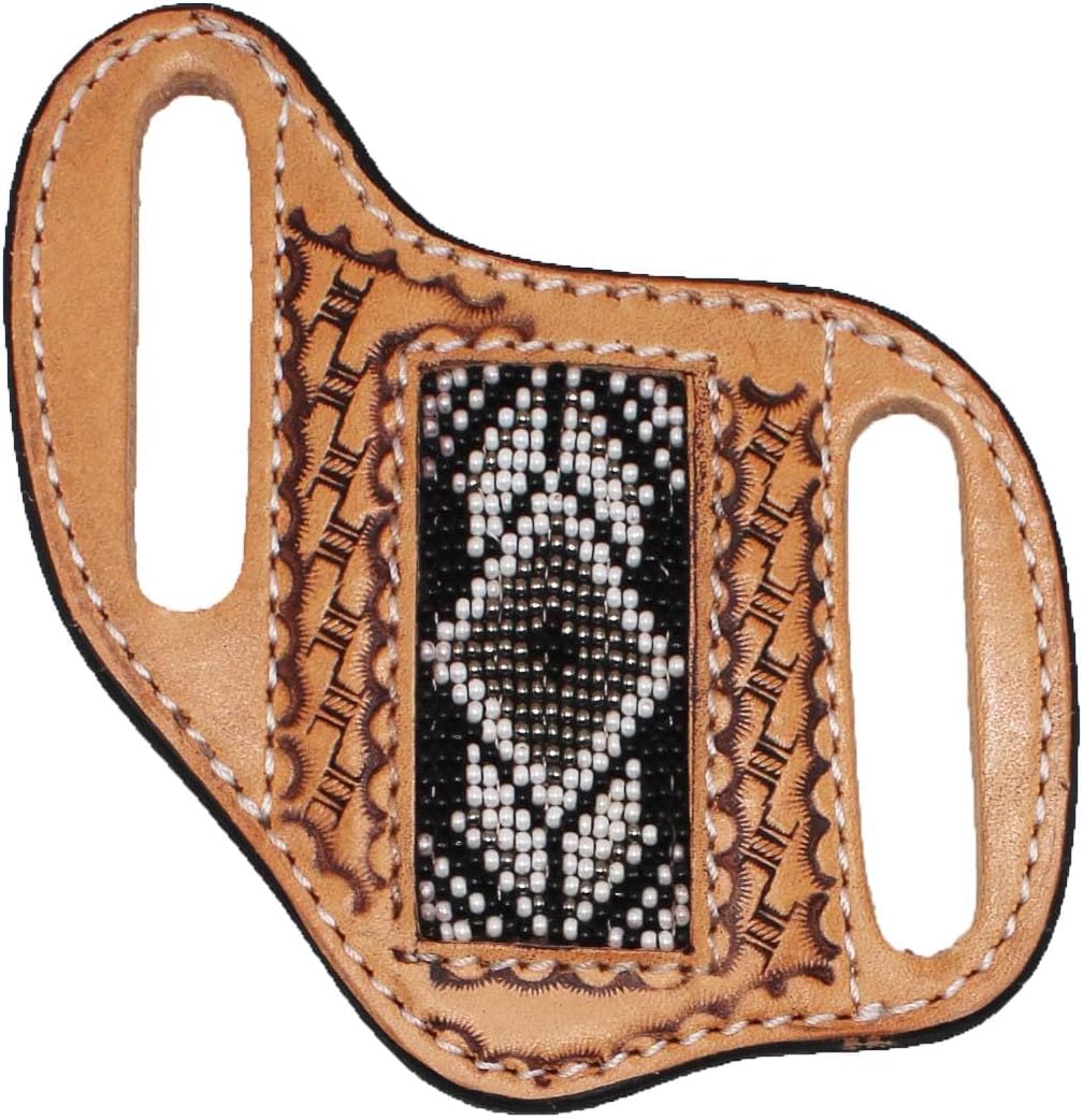 Leather Beaded Knife Holder, Western Basket Weave Tooled, Flat Sheath by Challenger