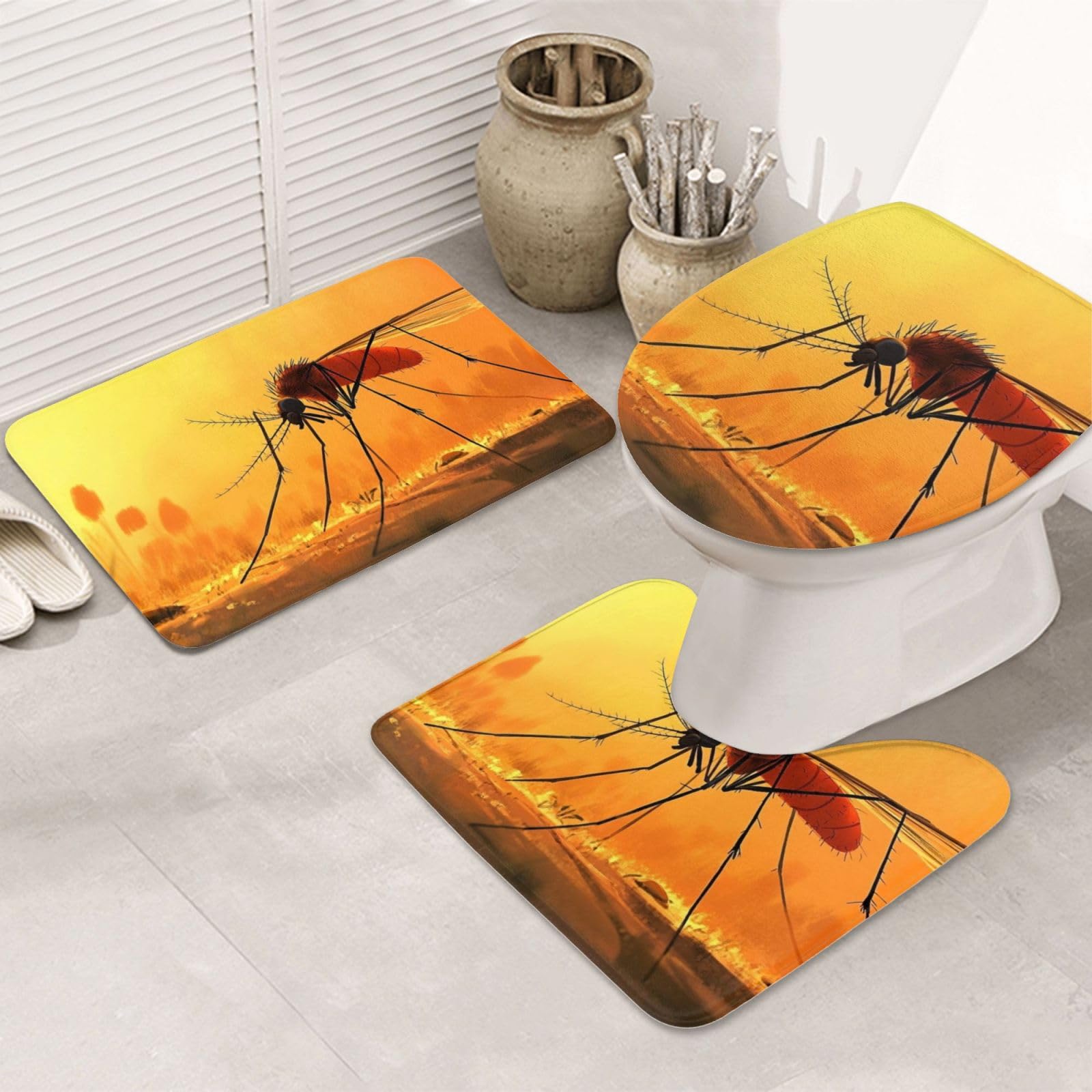 Lot de 3 tapis de bain en mousse à mémoire de forme doux et absorbants en forme de U avec motif de moustique orange, séchage rapide