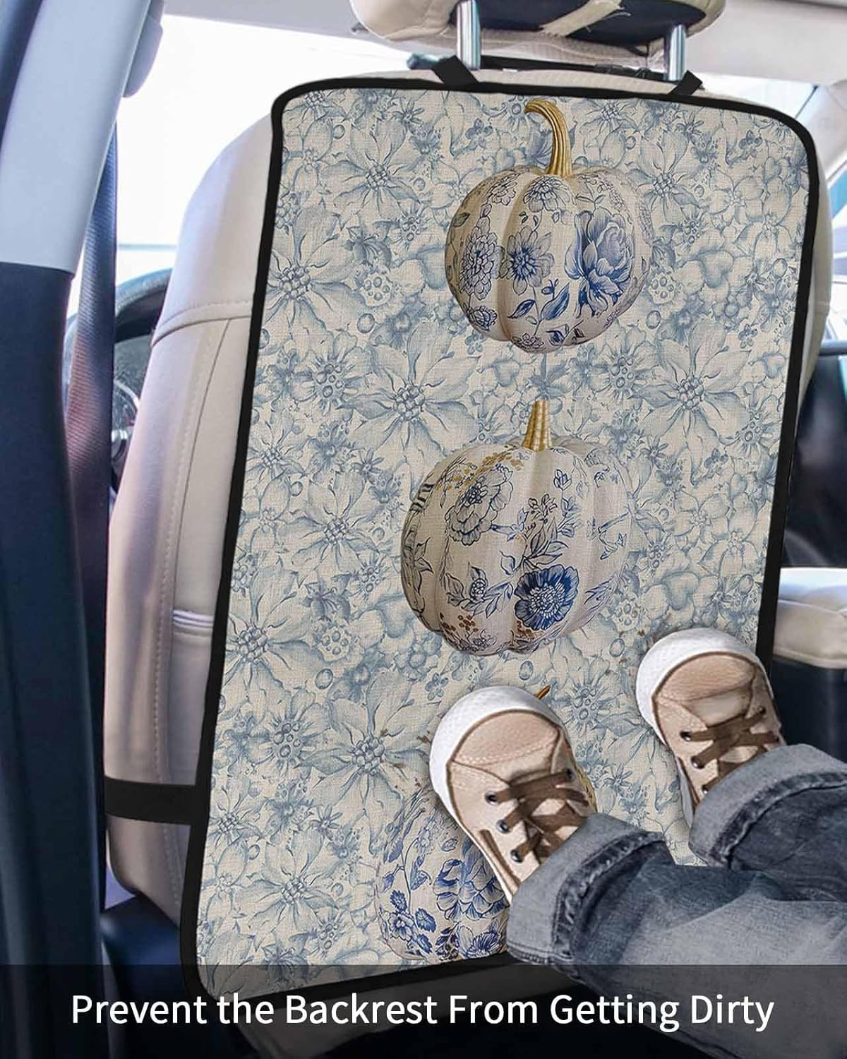 Car Seat Protector, 2 Pack Kick Mats Back Seat Protector Fall Thanksgiving Pumpkin with Blue and White Porcelain Floral Waterproof Backseat Cover for Kids Universal Fit Automotive Interior Protectors