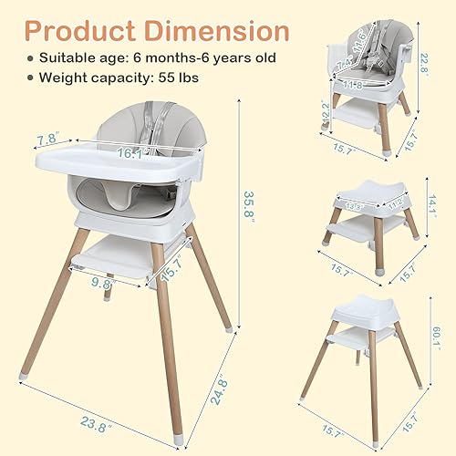 Miniatura 7 de Silla alta convertible 9 en 1 con asiento elevador, trona de madera para bebés y niños pequeños con bandeja extraíble y arnés de 5 puntos, asiento