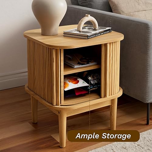 Miniatura 4 de Fluted Nightstand with Sliding Doors, Modern Bedside Table with Solid Wood Legs, Wood Night Stand for Bedroom (Natural)