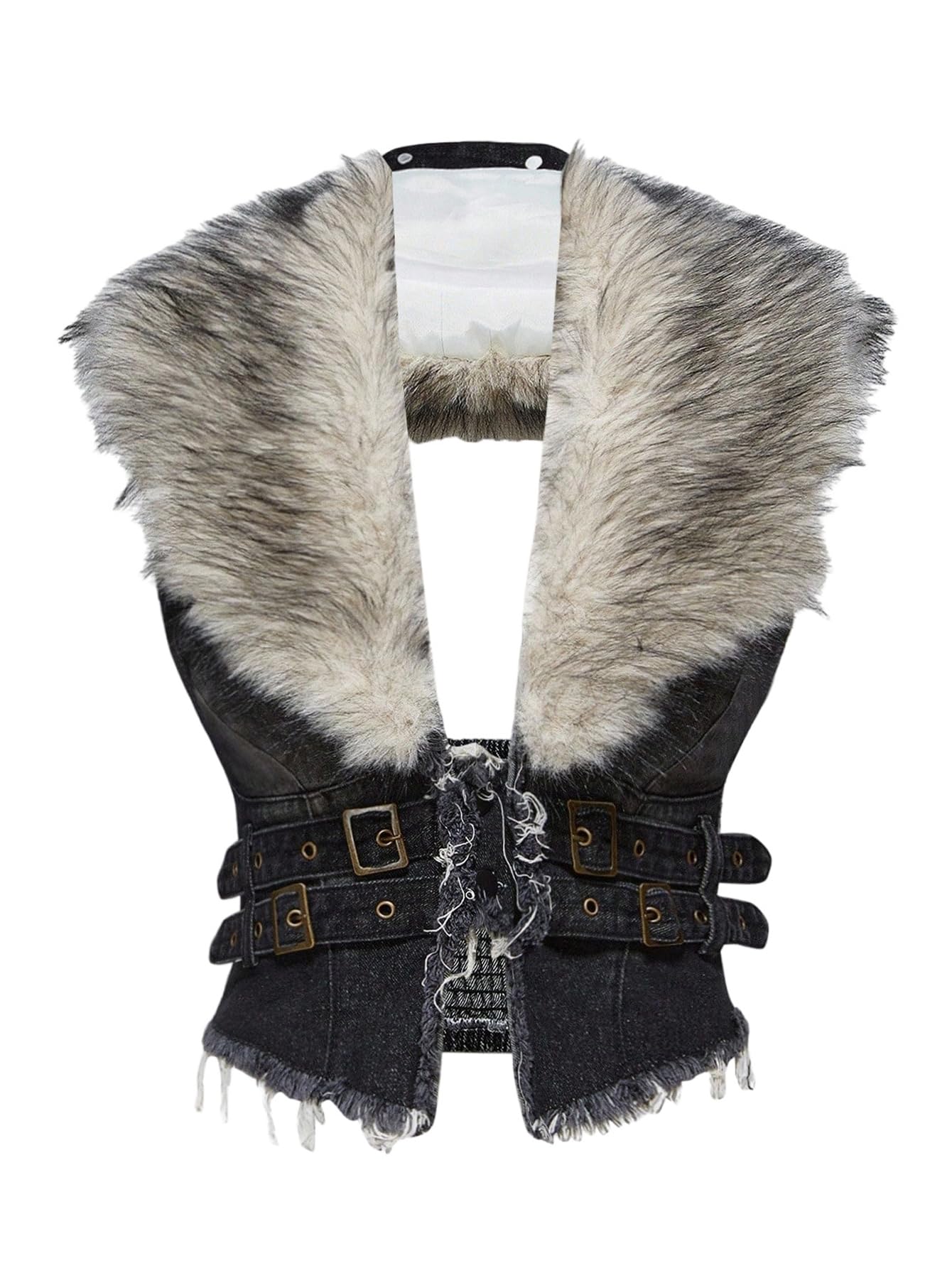 WDIRARA Womens Faux Fur Denim Vest Smocked Open Back Sleeveless Raw Trim Cropped Vest Jacket Grunge Punk