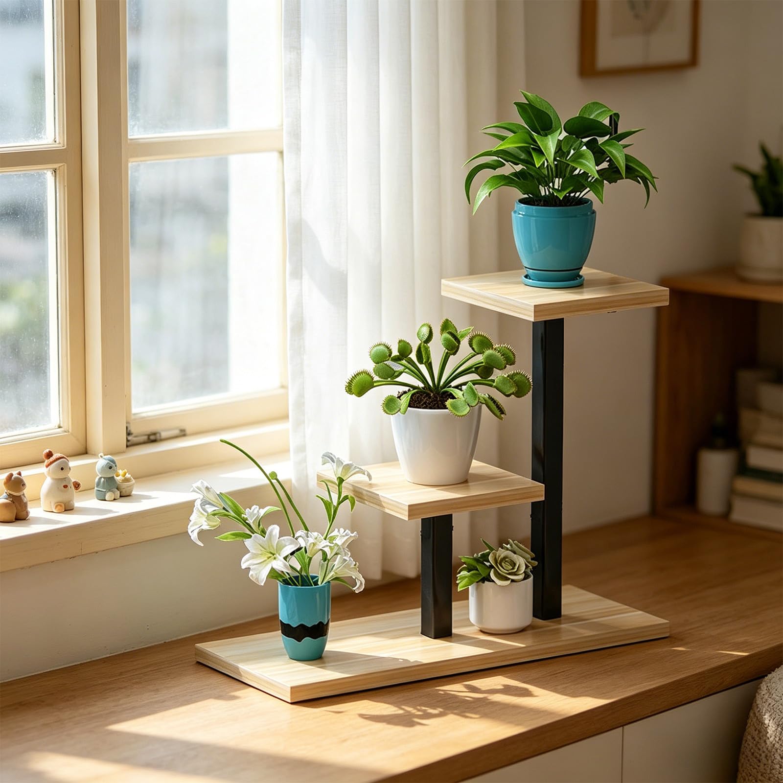 Soporte esquinero de madera de 3 niveles para plantas, ideal para colocar