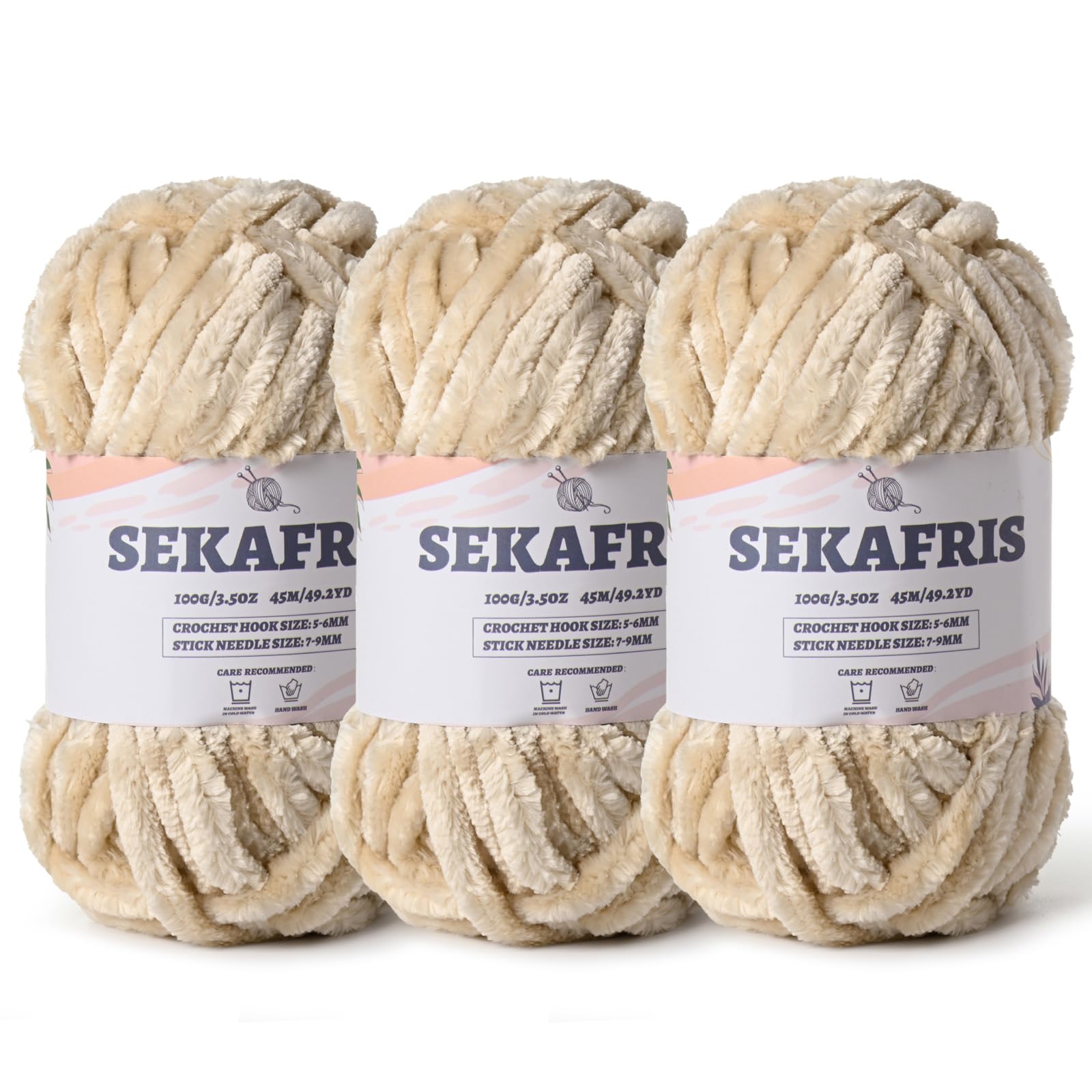 Chenille Velvet Soft Yarn Beige 3 Pack