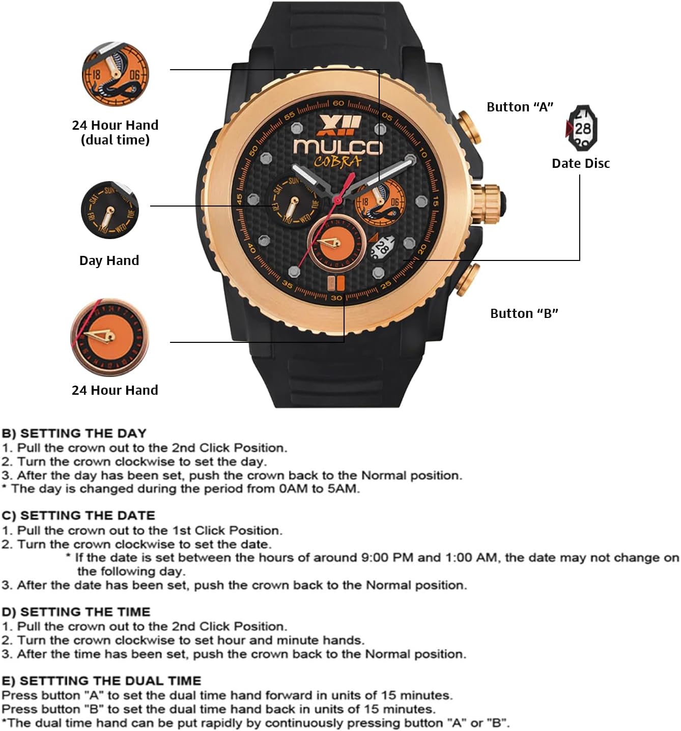 MULCO Watches for Men - Cobra, Stainless Steel Case with White Wrist Silicone Band, Quartz Multifunctional Movement, Large Face Premium Analog Display, 100m Water Resistant - Waterproof
