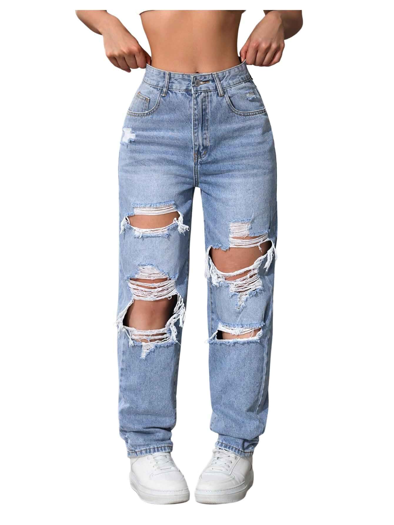 Floerns Women's High Waisted Distressed Jeans Straight Leg Casual Ripped Denim Pants Jeans