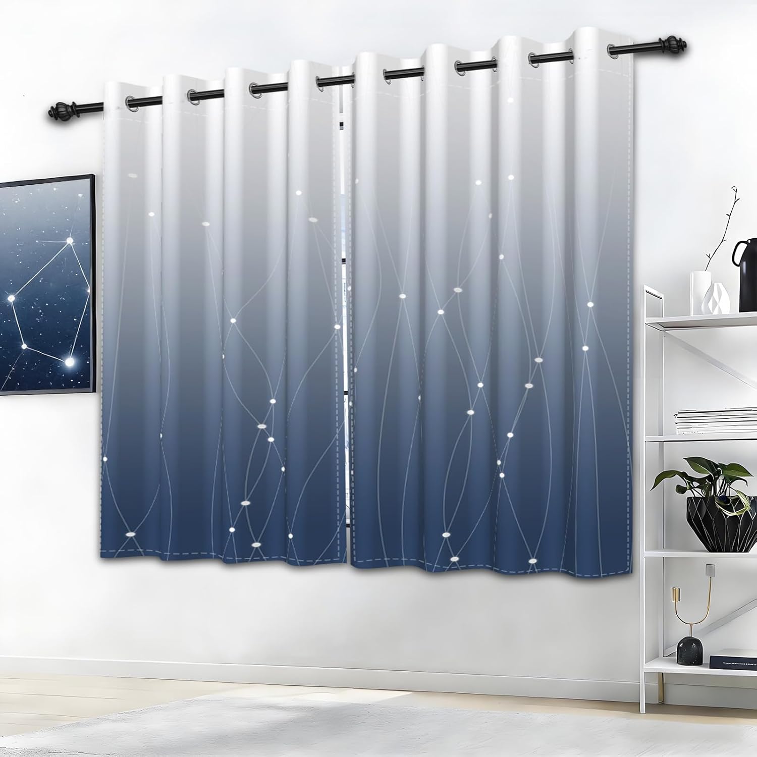 Ombre Blackout Curtains, Light Blocking Thermal Insulated Grommet Top Drapes for Bedroom Living Room, Noise Reducing Privacy Curtains 2 Panels, Blue, 52W x 63L