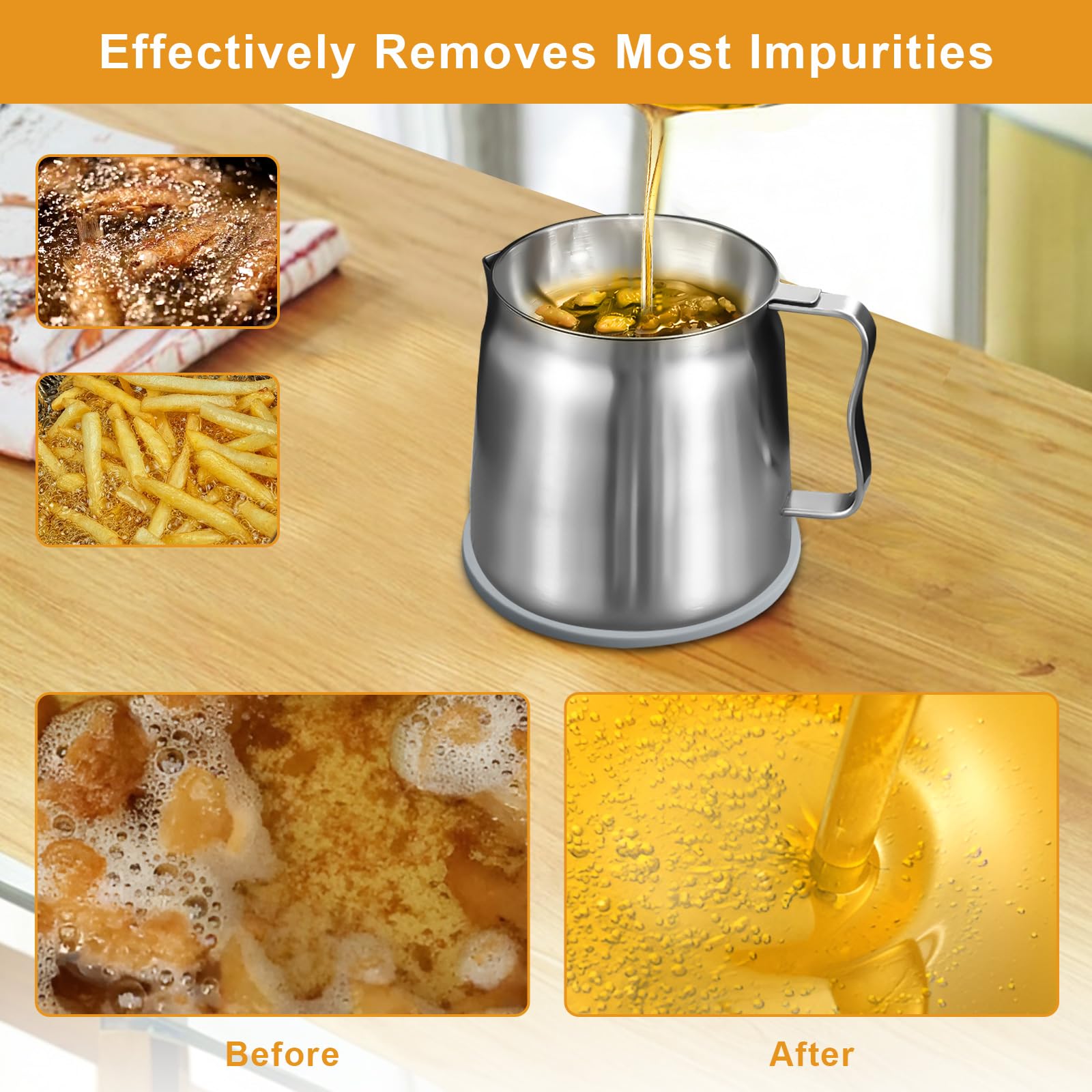 ANRUI Barattolo Contenitore Colino Olio da 2L, Contenitore per Grasso in Acciaio Inox con Colino a Maglia Fine e Cestino per Friggere, Adatto per Conservare Olio da Frittura e Grasso da Cucina