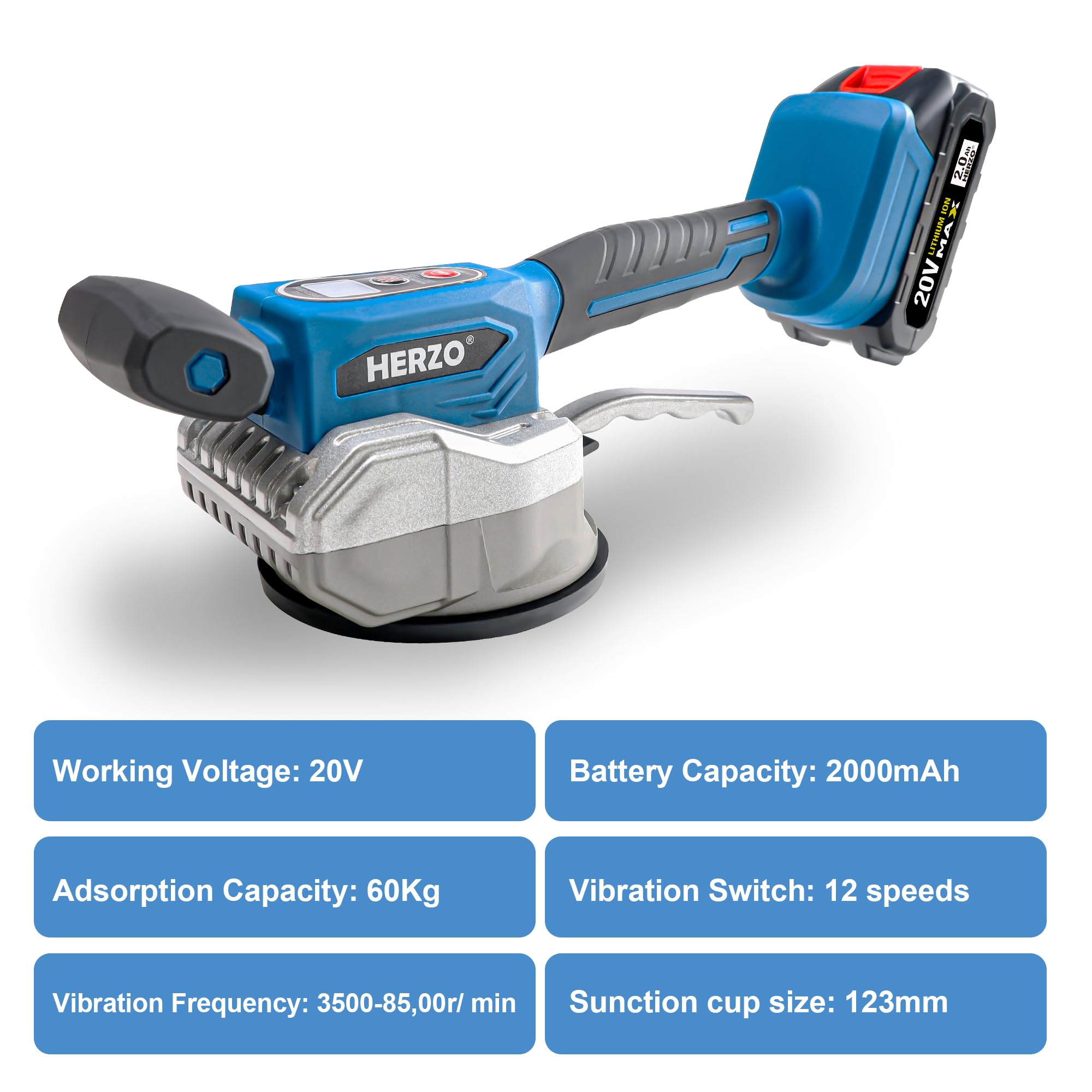 HERZO Kabellose Fliesen Vibrations Nivelliermaschine, Fliesenleger Vibrationswerkzeug, mit 12 einstellbaren Geschwindigkeiten, Saugnapf, Digitalanzeige (Batterien enthalten)