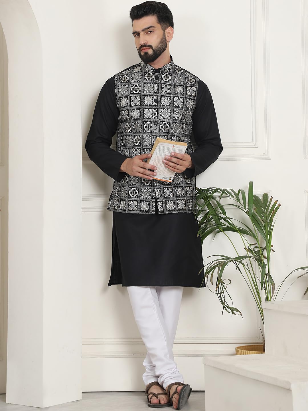 Sojanya (Since 1958 Men's Cotton Solid Black Kurta And White Pyjama With Embroidered Black Nehru Jacket