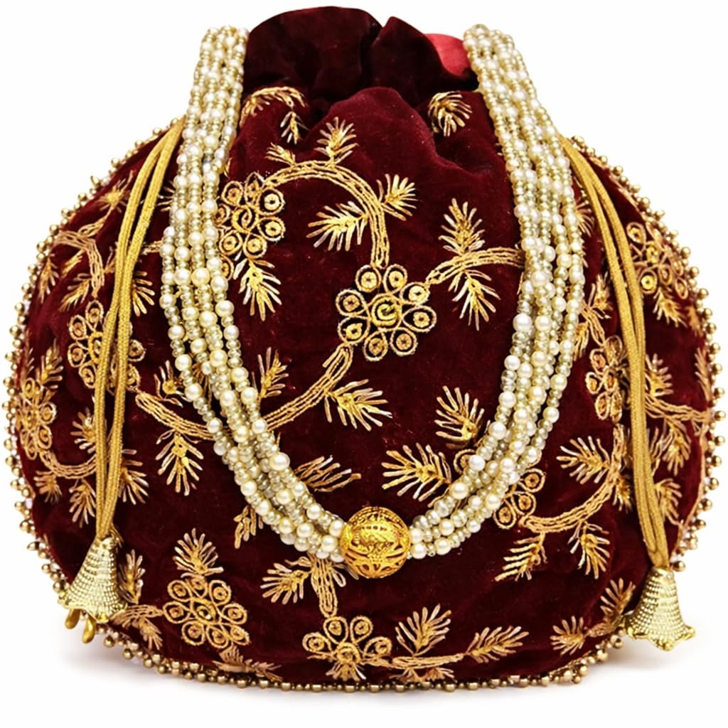 Designer Embellished Potli Bag, Wedding Gift for Women & Girls l Golden Embroidered Potli, Festive Special Multi Colour-image-8