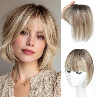 10-inch human hair topper with bangs in ombre light brown with blonde highlights