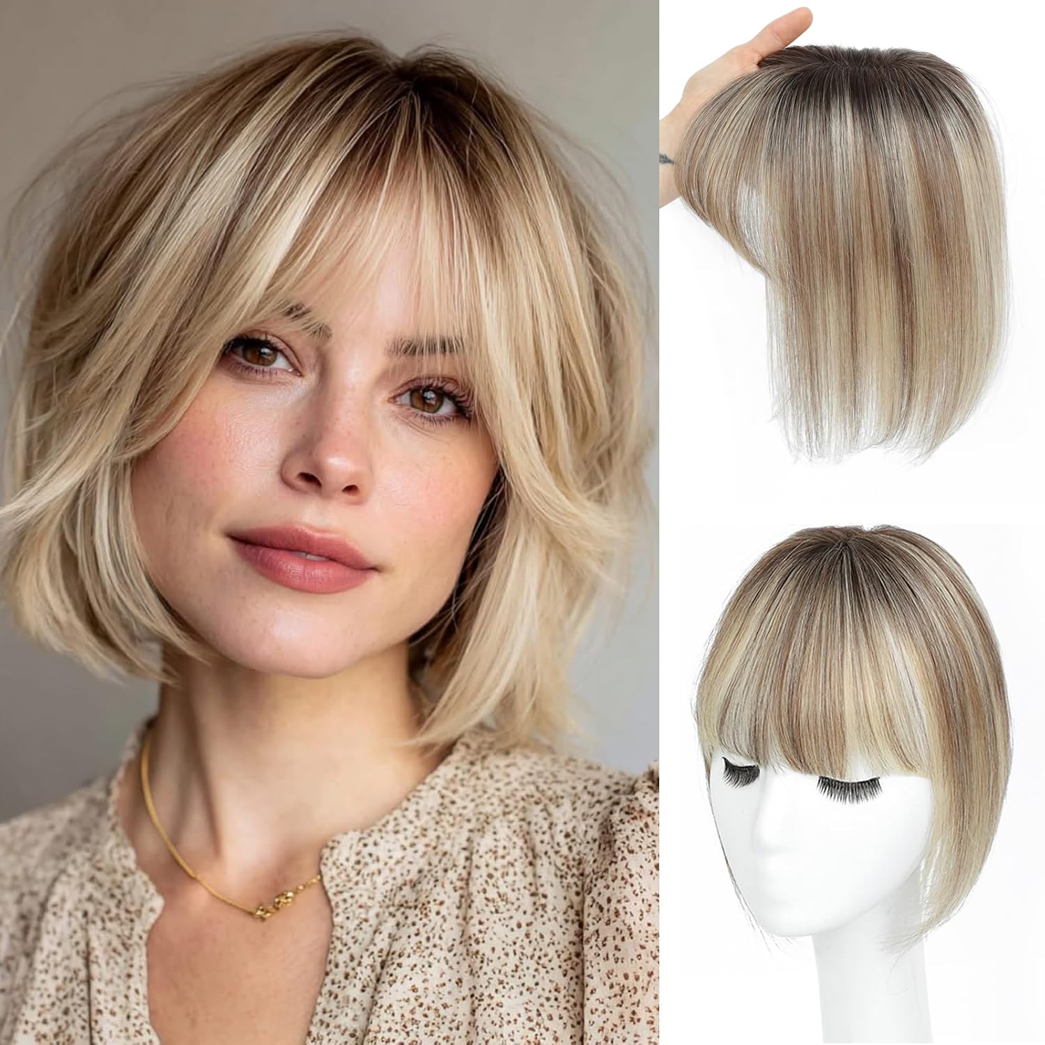Hair Toppers for Women Real Human Hair Toppers with Thinning Hairpieces for Women with Bangs 10 Inch Human Hair Topper for Cover Gray Roots（Ombre Light Brown with Blond Highlight）