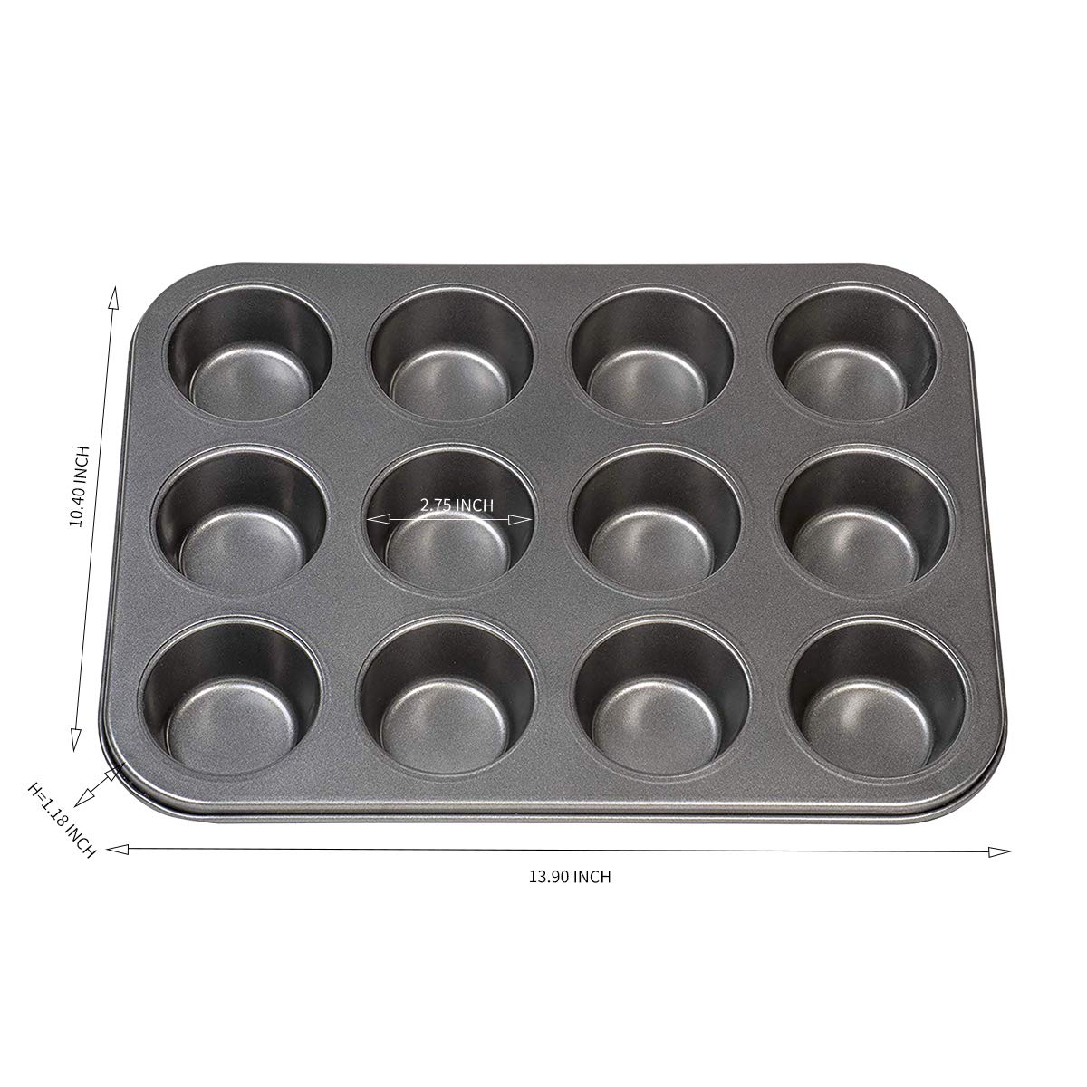 12 kubków patelnia do muffinek i babeczek, nieprzywierająca forma do ciastek czekoladowych, stal węglowa do pieczenia piekarnika szary