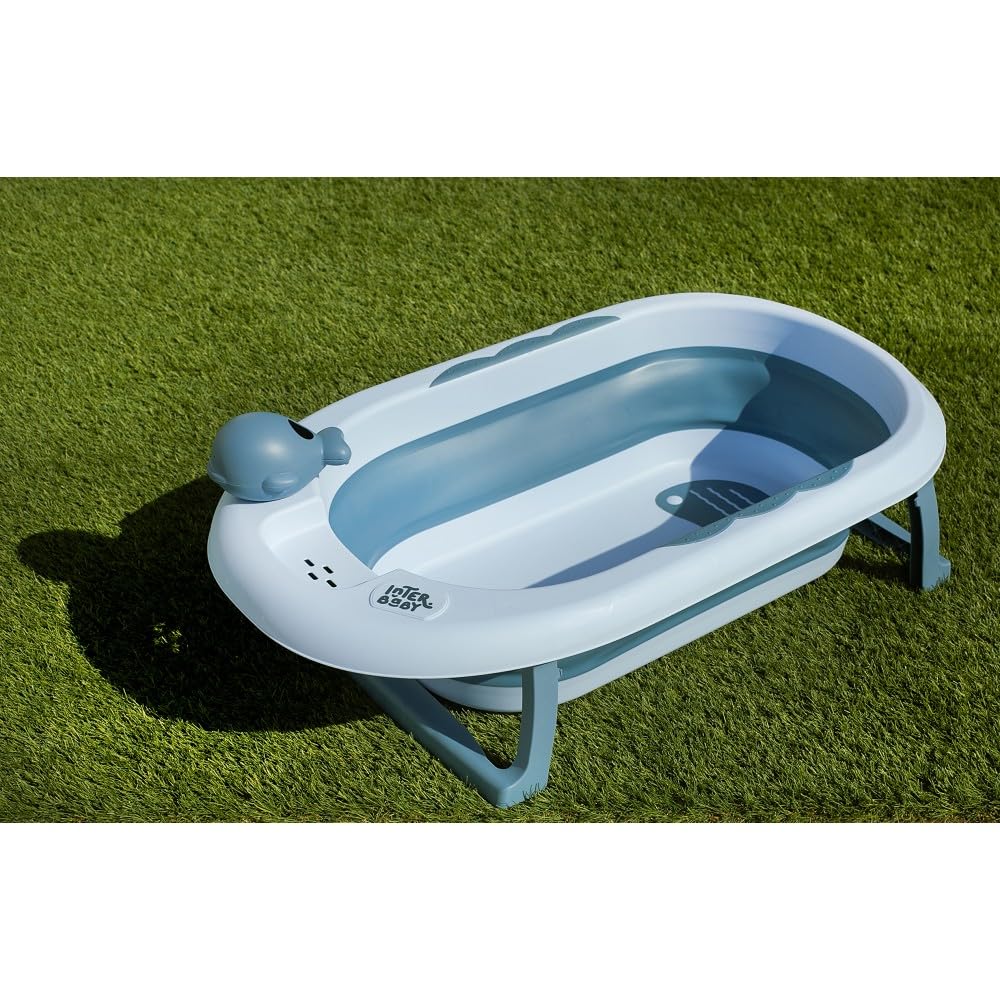 Składana wanna dla niemowląt Interbaby 80x47x21 cm | Składana wanna dla niemowląt z kubkiem do płukania, antypoślizgowa, szczelna nasadka | przenośna, łatwa do przechowywania, wygodna, niebieska
