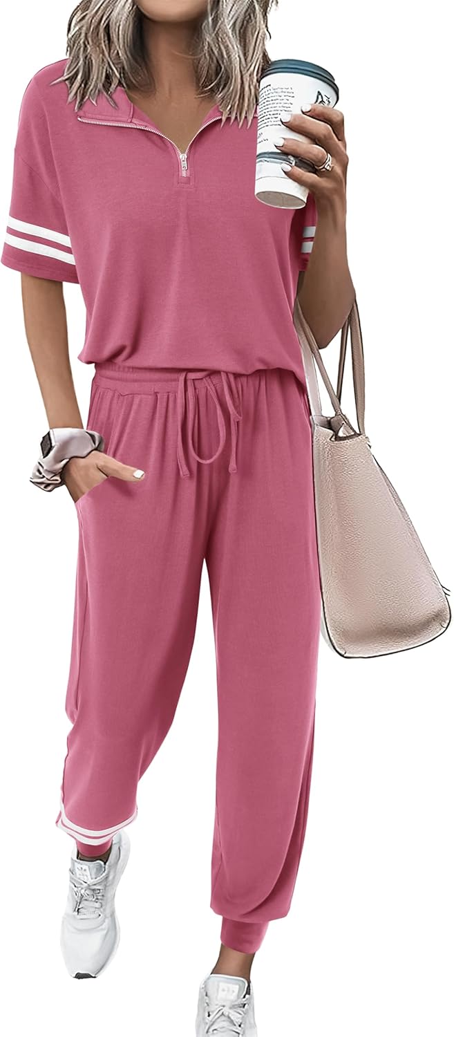 MASCOMODA 2 Piece Outfits for Women 2026 Summer Casual Quarter Zip Short Sleeve Tops Long Pants Tracksuit Jogger Lounge Sets