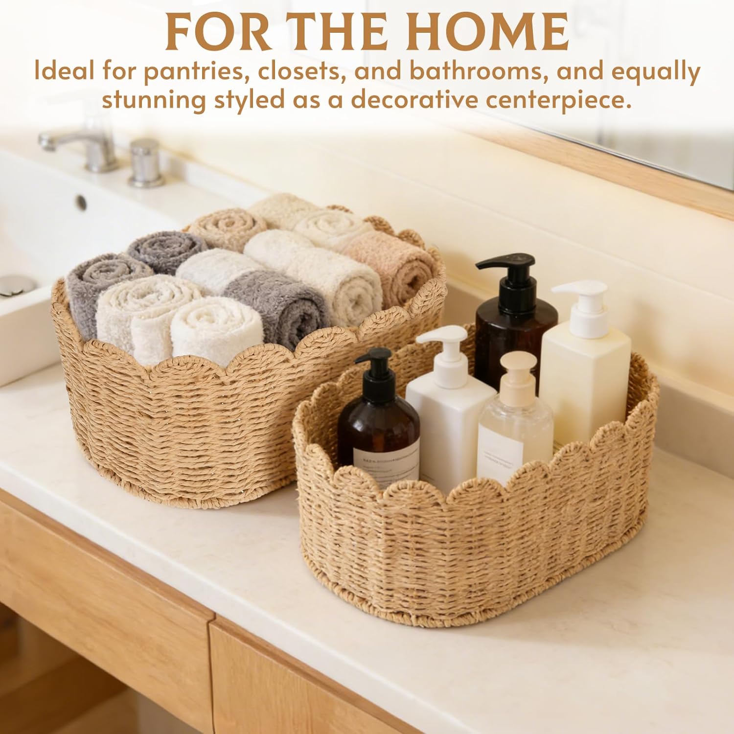 2 PCS Scalloped Basket Set - Hand-Woven Rattan Baskets Decorative Wicker Organizer Box with Scalloped Edge for Living Room, Bedroom, Laundry, Nursey Storage (15.7" x 6.9" x 9.5" and 13.8" x 6" x 7.9")