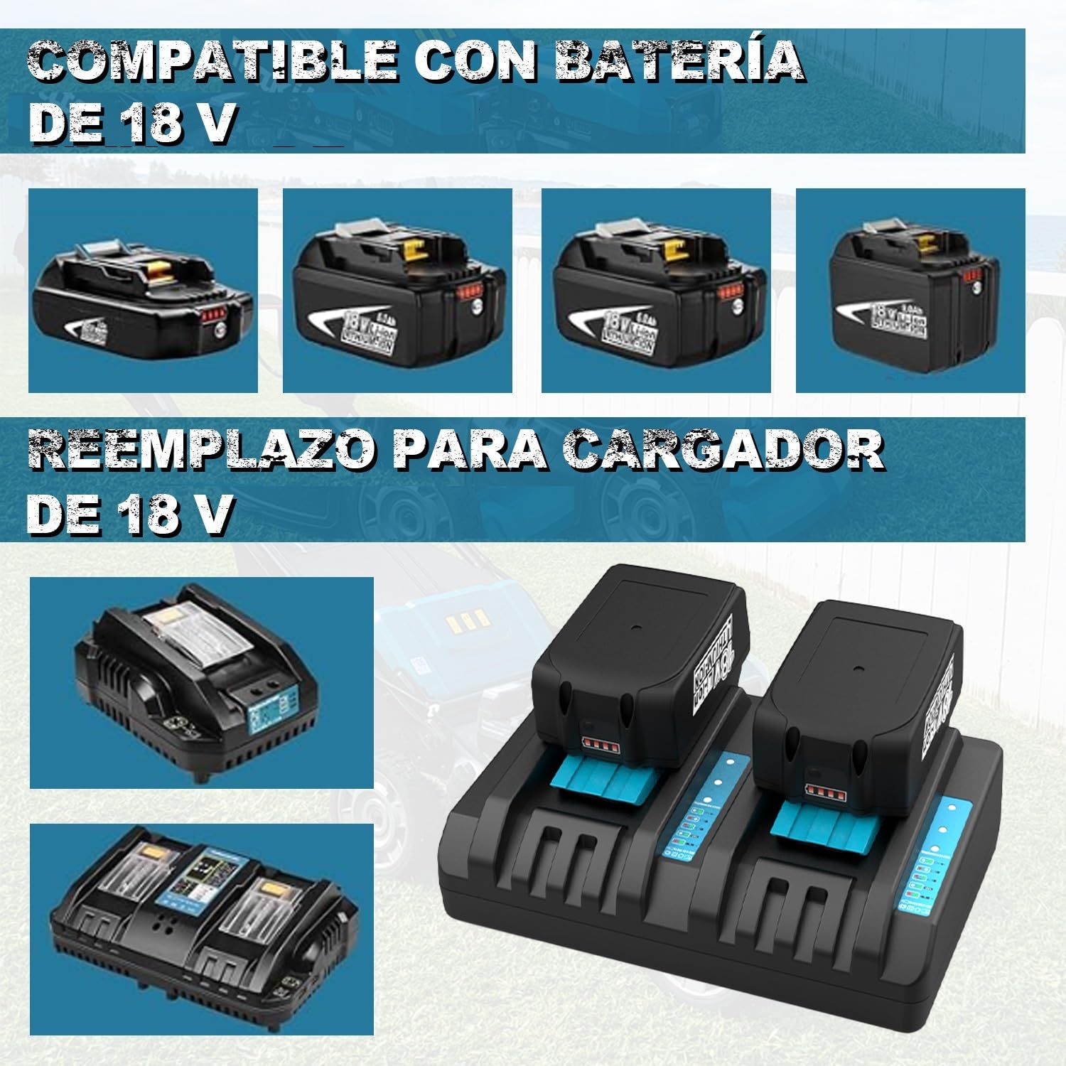 Paquete de 2 baterías de 18V y 5,0 Ah para Makita de 18V con Cargador | Compatible con cargadores BL1860, BL1850, BL1850B, BL1845, BL1840, BL1835 y BL1830B; cargadores DC18RD, DC18RC y DC18RA
