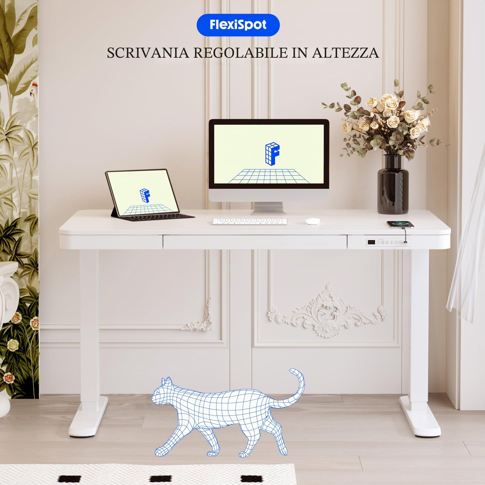 FLEXISPOT Scrivania elettrica regolabile in altezza con indicatore LED di altezza, funzione Memory e USB, scrivania elettrica con cassetto per ufficio domestico 140 x 70 cm (Bianco elegante)