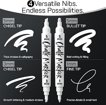 Chalkola 6 White Chalk Markers - Bullet & Chisel Dual Tip (1mm, 3mm, 5mm)