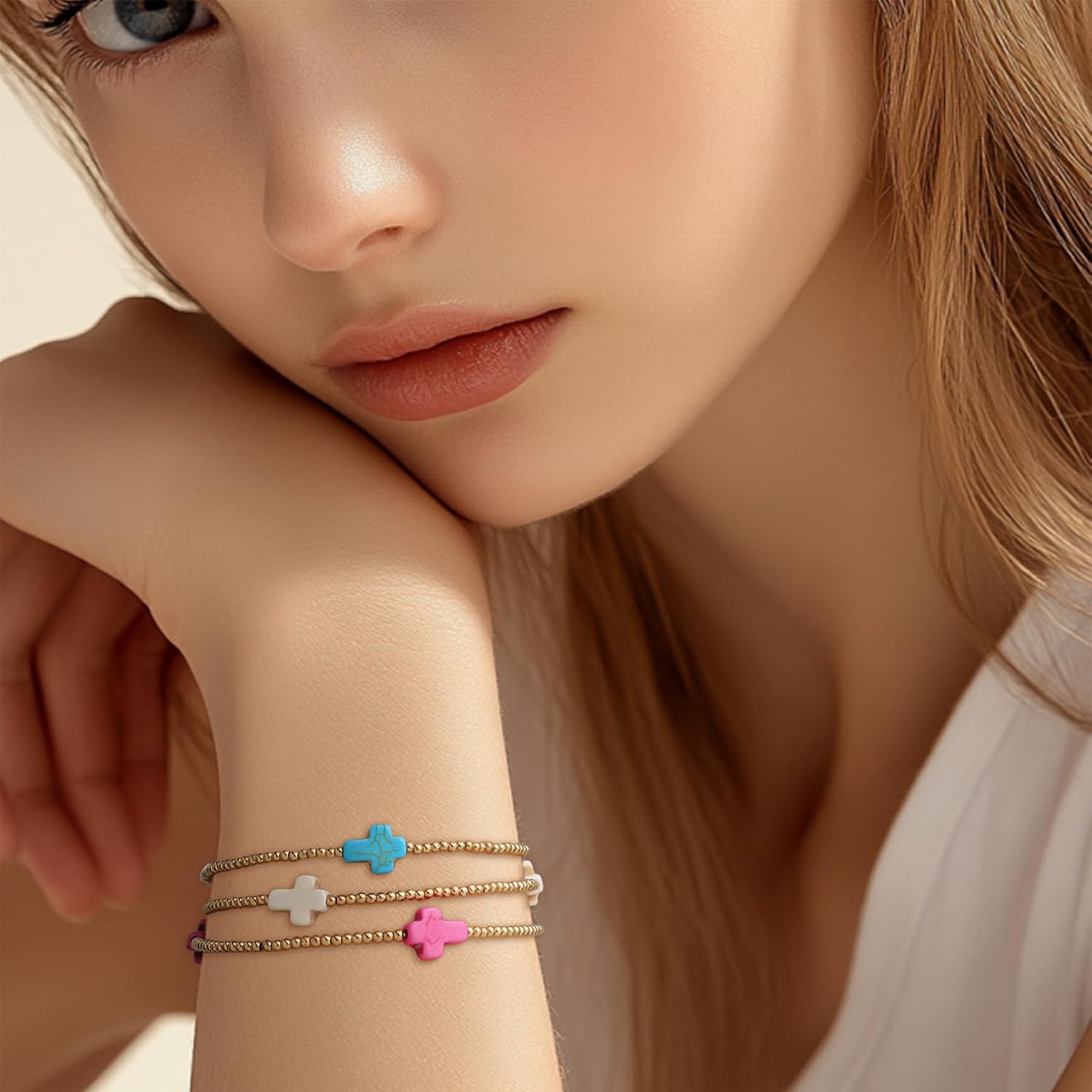 Gold Beaded Cross Stack Bracelets Set for Women, 8Pcs Boho Handmade Stackable Colorful Rainbow Statement Stretch Bracelet Prom Holiday Jewelry Gift. - Image 3