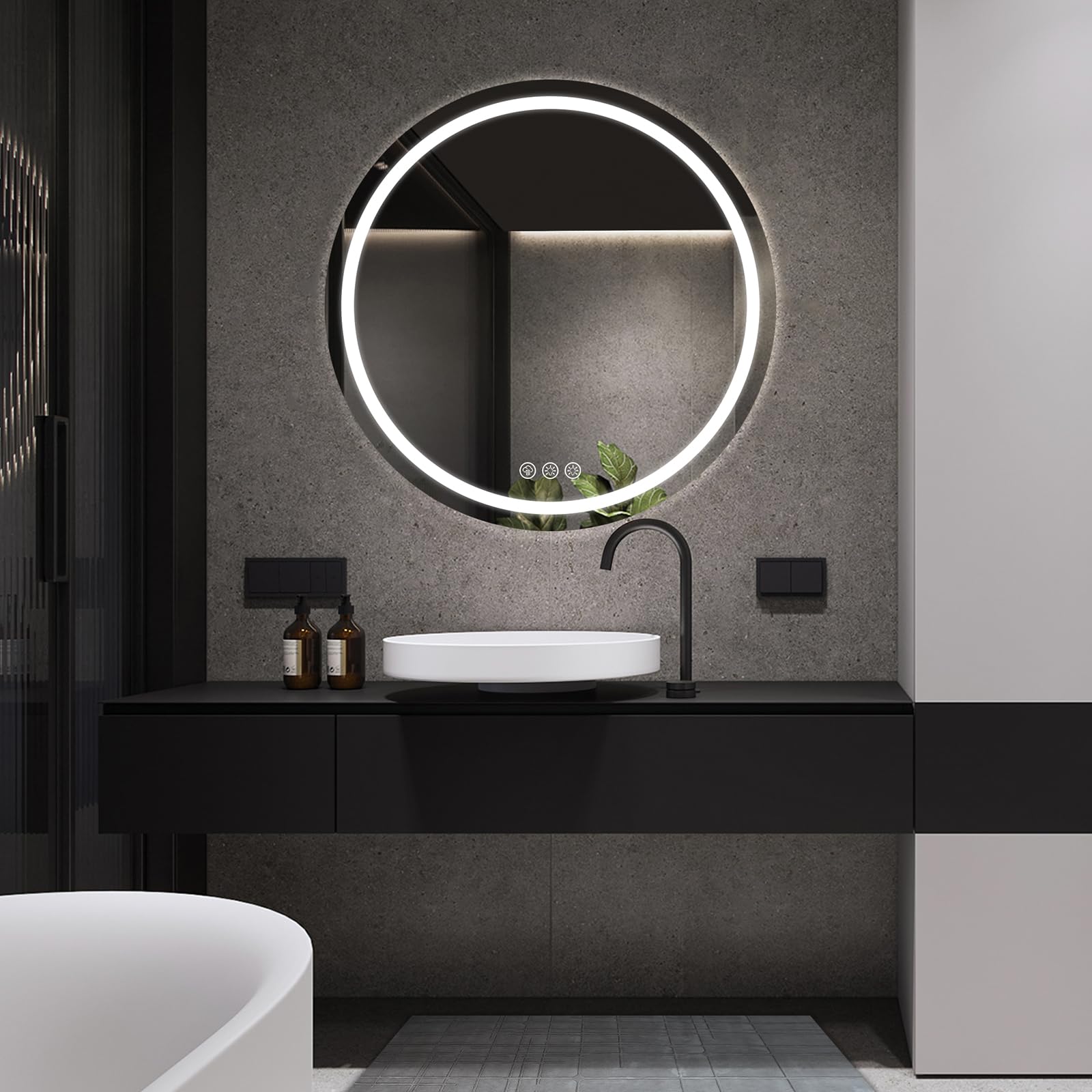 Miroir LED Rond Salle de Bain 70cm, Anti-buée, 3 Lumières Réglables