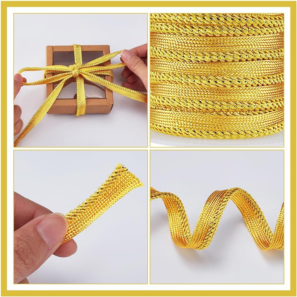 BENECREAT 10 Yard Metalic Gold Cord-Edge Piping Trim 3/8 inch Inch Gold Flat Filigree Ribbon Braid for Dress Costume Sewing, Home Textile Decoration