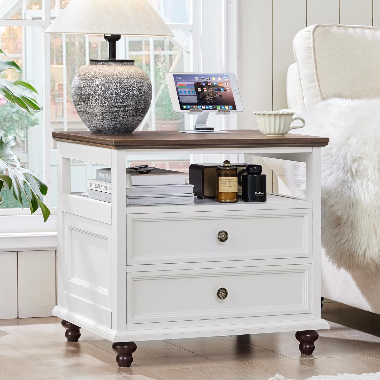 Joaxswe 24" Wide Farmhouse Night Stand,Large End Table with 2 Drawers &amp; Metal Handle,Wood Dresser for Bedroom, White Bed Side Table Chest of Drawers Cabinet,Nightstand for Living Room,Closet