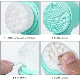 Beomeen Face Brush 2 in 1, Facial Cleansing Exfoliating Scrubber Brush, Silicone Double Side Manual Face Wash Scrub Brush with Soft Fiber for Deep Pore Cleansing, Massaging, Skin Care,Green