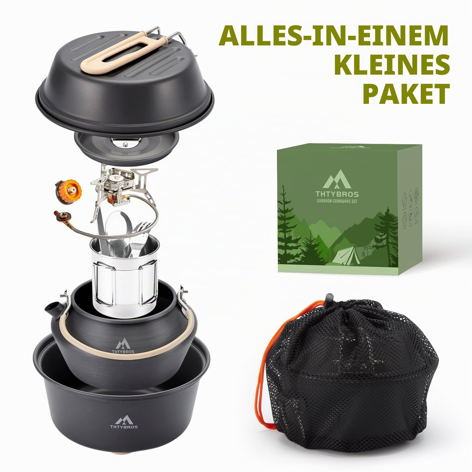 THTYBROS 17-teiliges Camping-Kochgeschirr-Set, 1,2 l Topf, 17,8 cm Pfanne, 0,3 l Wasserkocher-Set mit 2 Edelstahlbechern, Tellern, Gabeln, Messern, Löffeln zum Wandern