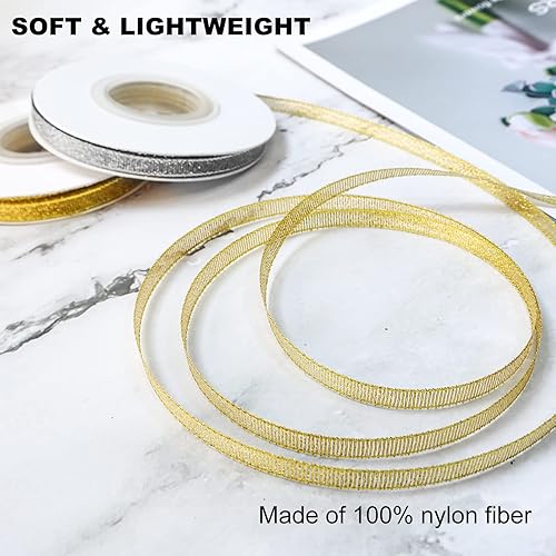 Miniatura 4 de Cinta metálica dorada y plateada con purpurina de 14 de pulgada, 25 yardas, 2 rollos, cinta de tela brillante perfecta para manualidades, costura,