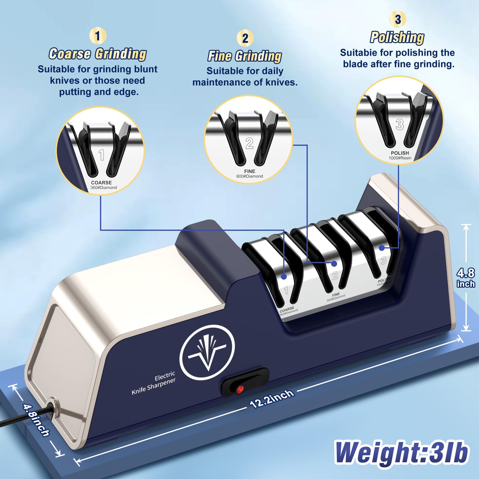 Afilador de cuchillos eléctrico para cuchillos de 15 a 20 grados, 100% abrasivo de diamante, guías de precisión para bordes rectos y dentados y cuchillos de cerámica, cuchillos de bisel simple 2
