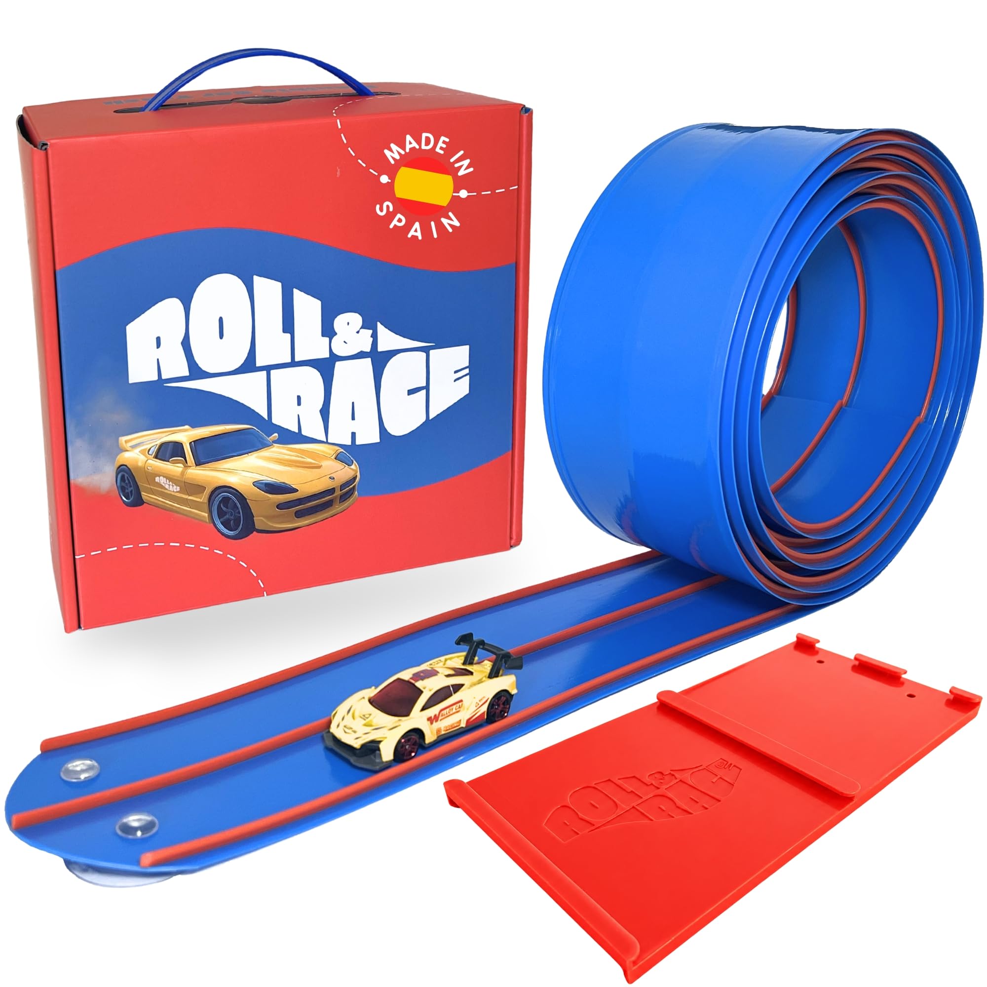 Roll&Race Pista de Coches Flexible y Enrollable 400cm – Fabricado en España - Circuito de Carreras de Goma - Flexible Car Track - Juguete Regalo Niño - Race Cars Wheels - Incluye Pieza Link&Race