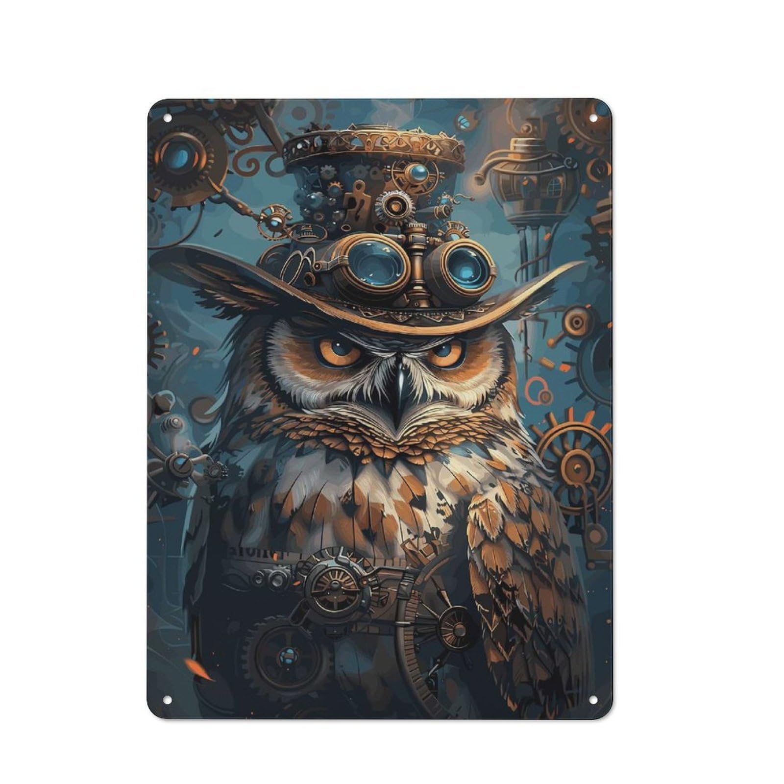 Junmoney Style-11 Animal Steampunk Owl Decorative Metal Plaque 40X30cm, Loft Style Urban Room Decor For Flat, Bar, Studio Or Gallery Wall