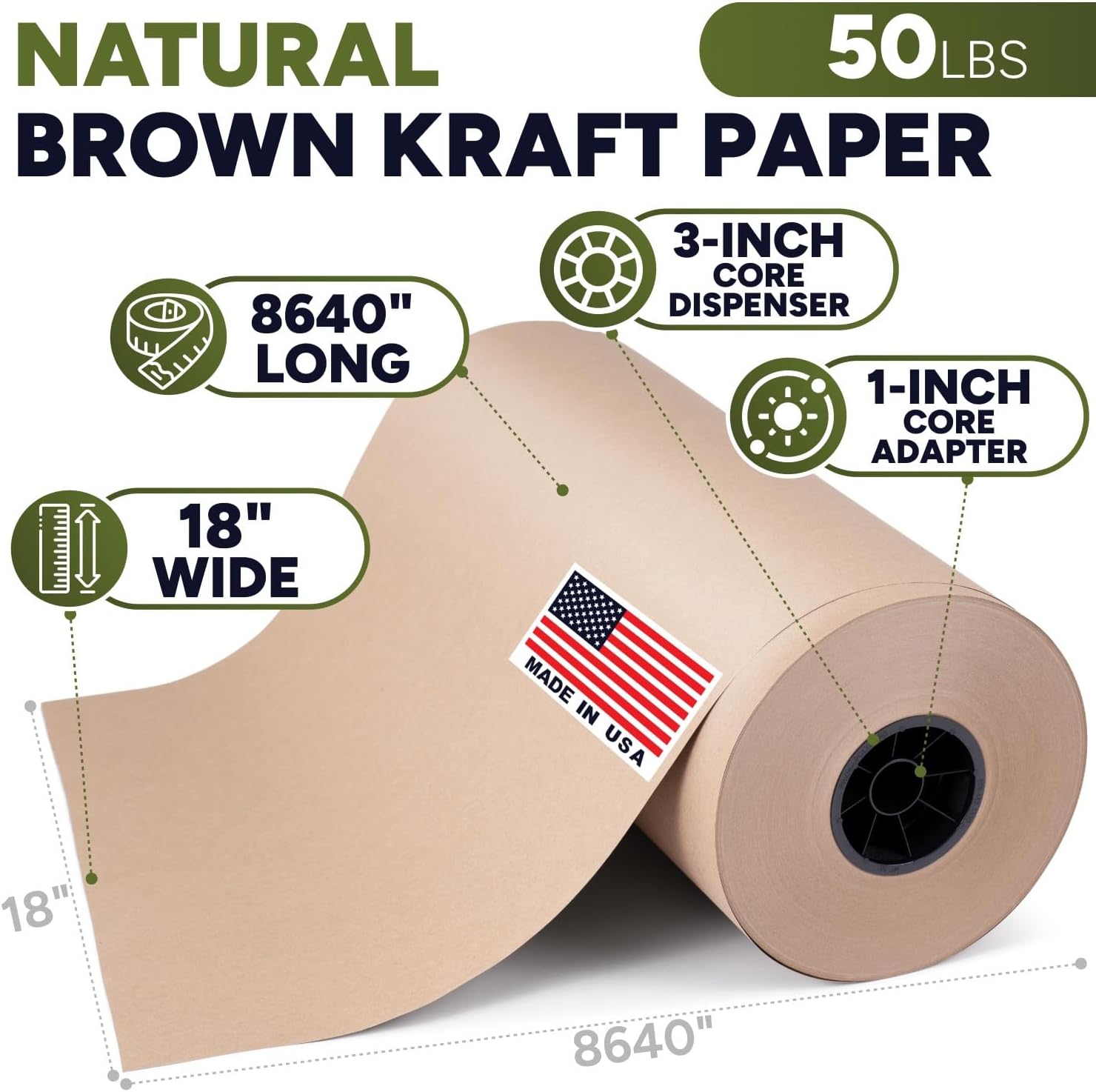 Paclord 18" x 8640" (720 feet) Natural Brown Kraft Paper Roll, 50 Lb Heavy-Duty – Made in USA Large Roll of Brown Wrapping Paper, 3-inch Core – for Packaging, Void Filling, Shipping, School, Crafts