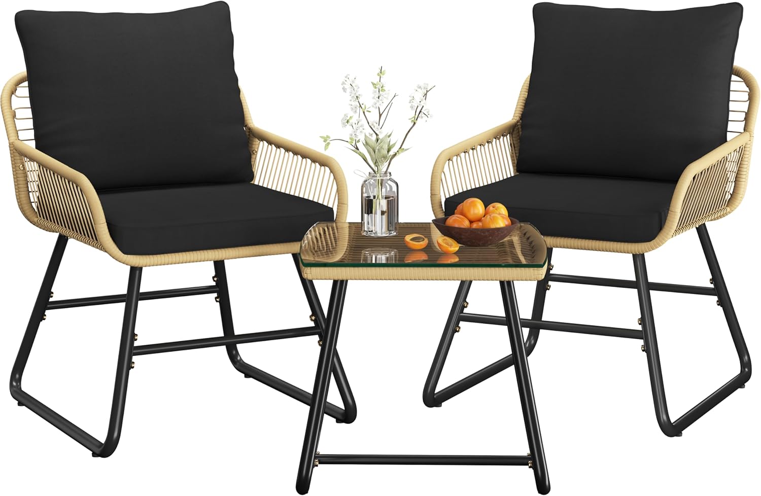 Yaheetech 3 Piece Patio Bistro Set Outdoor Wicker Bistro Furniture Sets, 2 Rattan Chairs and Glass Top Table for Patio, Balcony, Porch, Poolside, Backyard 3 PCS/Tan/Black