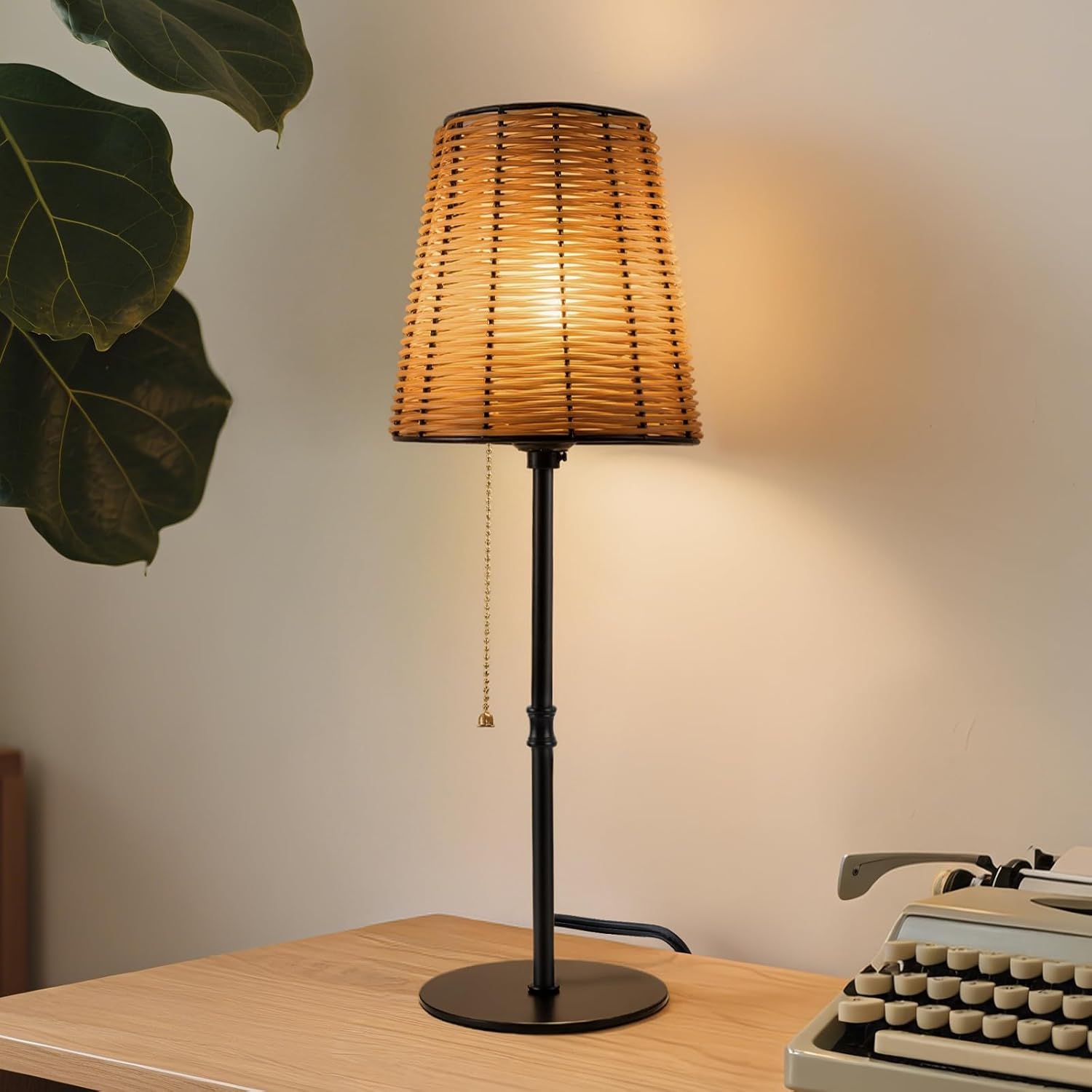 Vintage Rattan Table Lamp - 18" Wicker Shade Desk Lamp, Pull Chain Switch