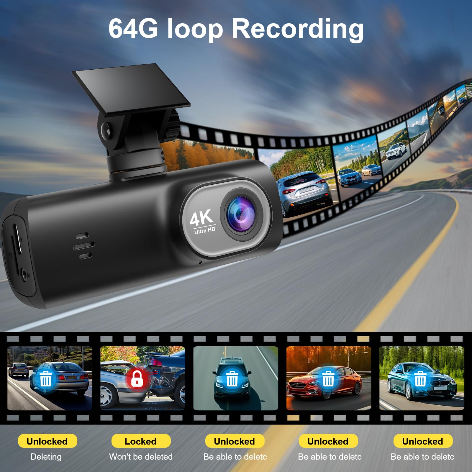 Dash Cam Auto 4k + 1080P, WiFi Dashcam Telecamera per Auto Atti Vandalici con Visione Notturna Migliorata, Sensore di Gravità, Registrazione in Loop, WDR