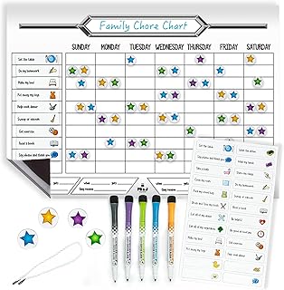 Magnetic Chore Chart for Multiple Kids - 12"x17" - Dry Erase Chore Chart That Wipes Clean - Responsibility Chart - Colorful Chore Chart with 5 Markers - Easy to use Fridge Chore Board That Kids Love (Classic)