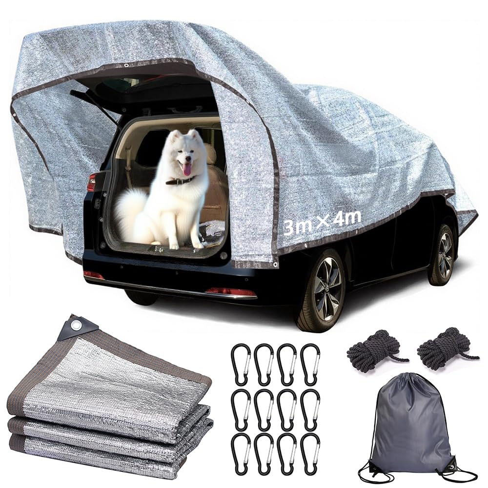 Rete ombreggiante per auto, 3 x 4 m, protezione solare per auto, telo riflettente ombreggiante in alluminio, 80% protezione dai raggi UV, protezione dal calore per serra all'aperto, cani, animali