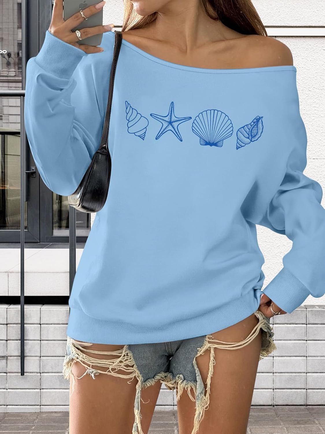MYHALF Off the Shoulder Sweatshirt for Women Y2K Bow Graphic Pullover Tops Drop Shoulder Long Sleeve Cute Sweaters - Image 2
