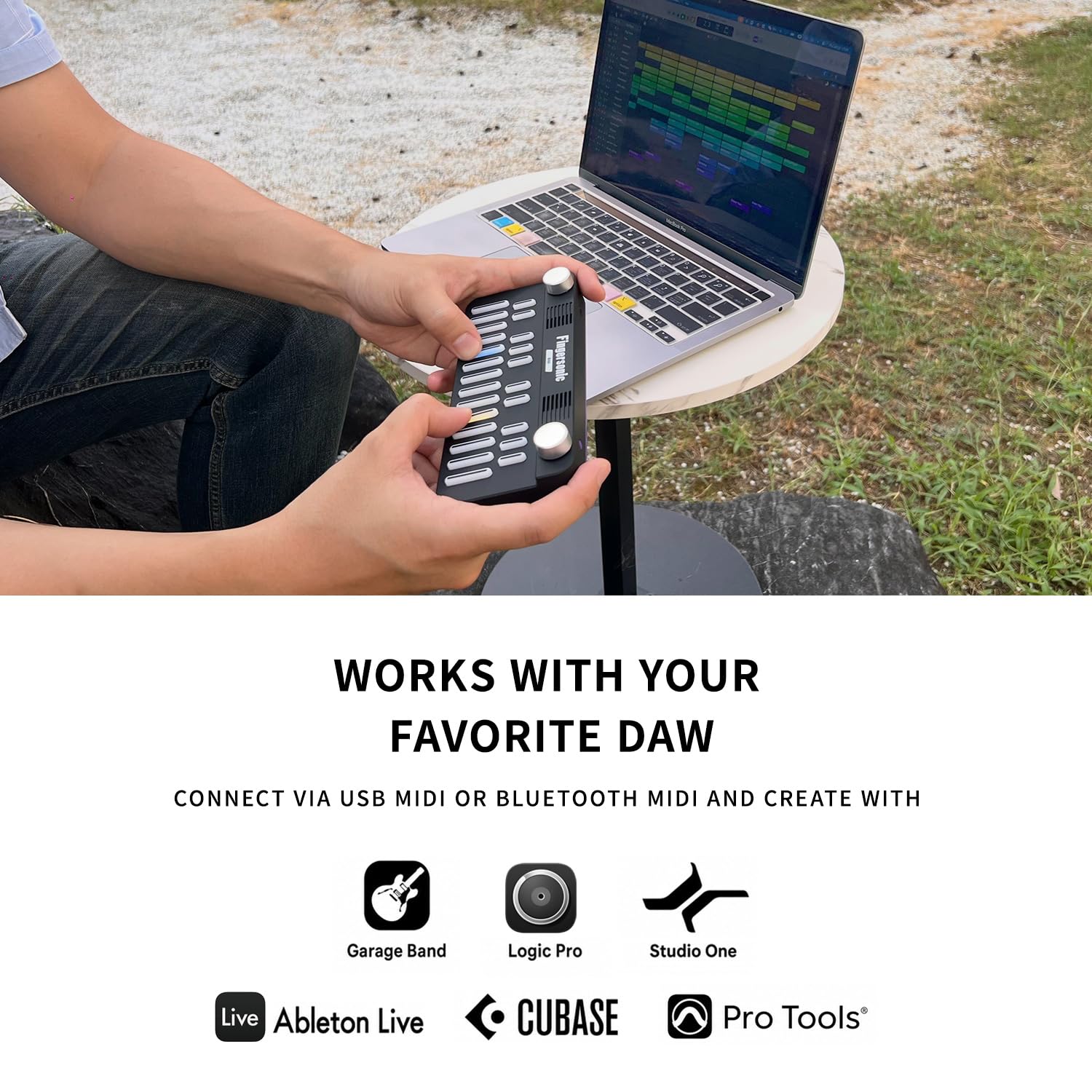 Tastiera MIDI portatile Fingersonic Keys a 24 tasti, BT/USB MIDI, nera | Tasti sensibili alla velocità, altoparlante integrato, LED colorati, uscita cuffie e app didattica
