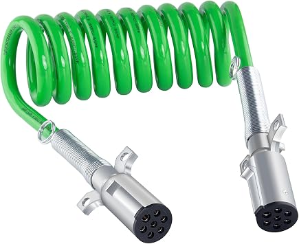 KOOTANS 7 Way Coiled Trailer Cord 12FT Heavy Duty Green Electrical ABS Power Cable Wire for Semi Trucks Tractors