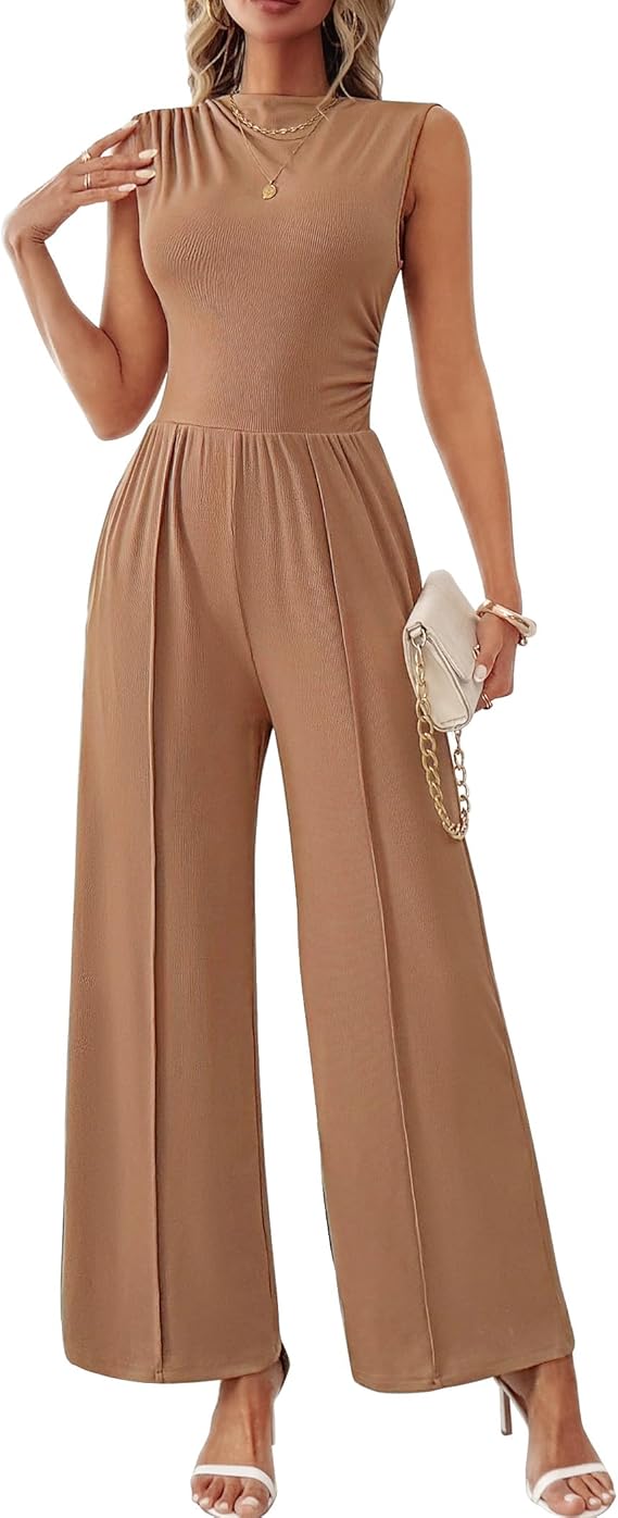 LOOKBOHO Womens Jumpsuits Dressy Casual Summer Sleeveless Mock Neck Wide Leg Pants Rompers with Pockets One Piece Outfits