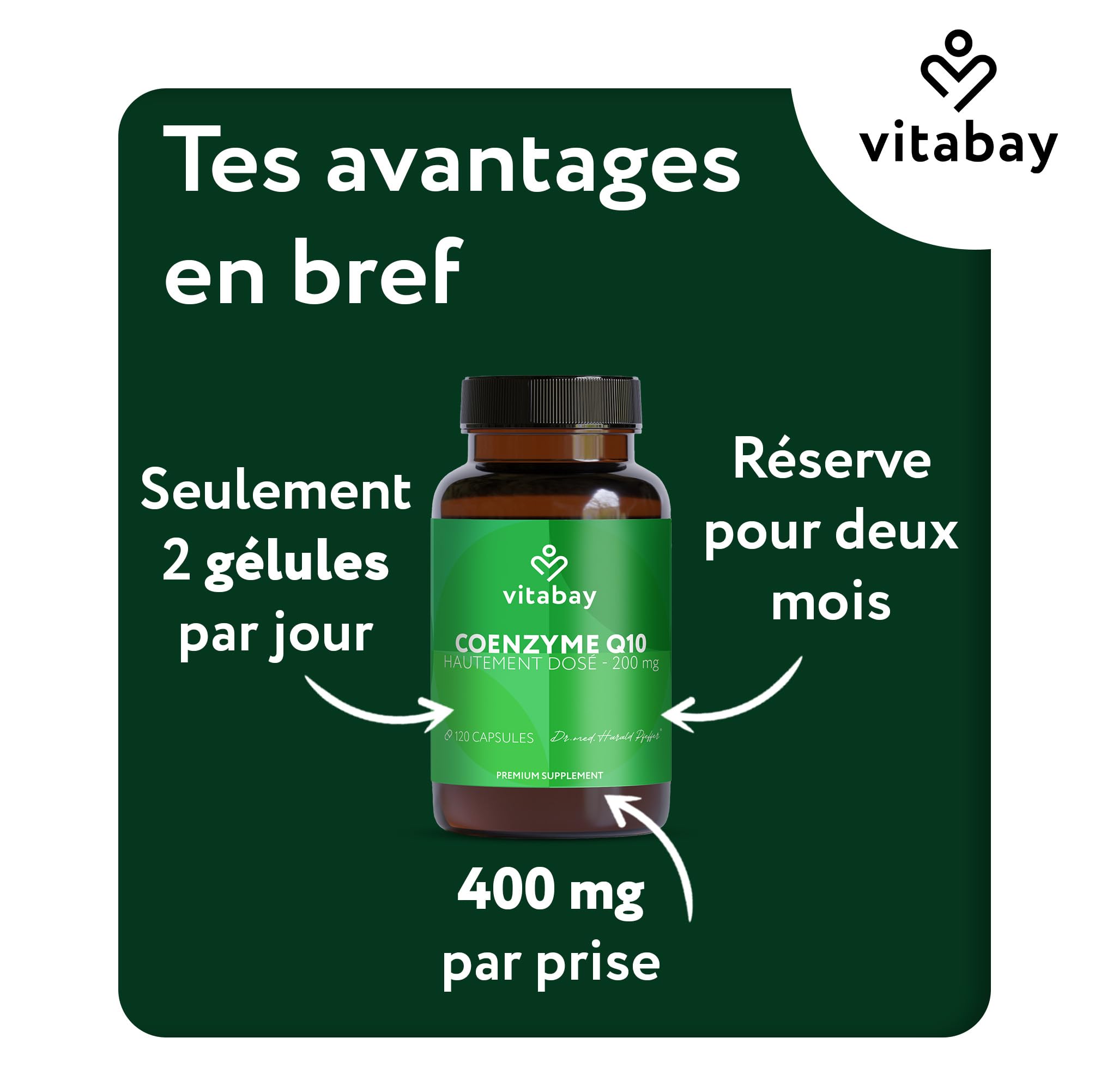 Vitabay Coenzyme Q10 Ubiquinone 200 mg – 120 capsules végétales – CoQ10 hautement dosé – Q10 naturel issu de fermentation végétale – sans additifs & 100% vegan – testé en laboratoire en Allemagne