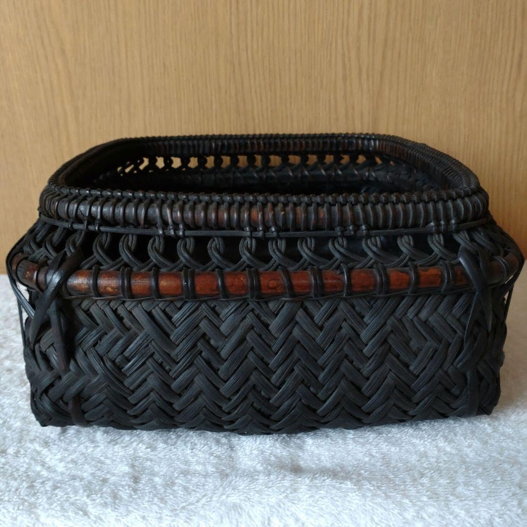 炭斗 唐物写籐組四方 竹朋斎 炉用 共箱 無傷