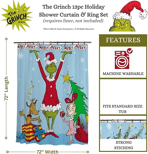 Miniatura 3 de Franco Dr. Seuss The Grinch Holiday - Juego de cortina de ducha y anillos de 13 piezas, (producto 100% oficial)